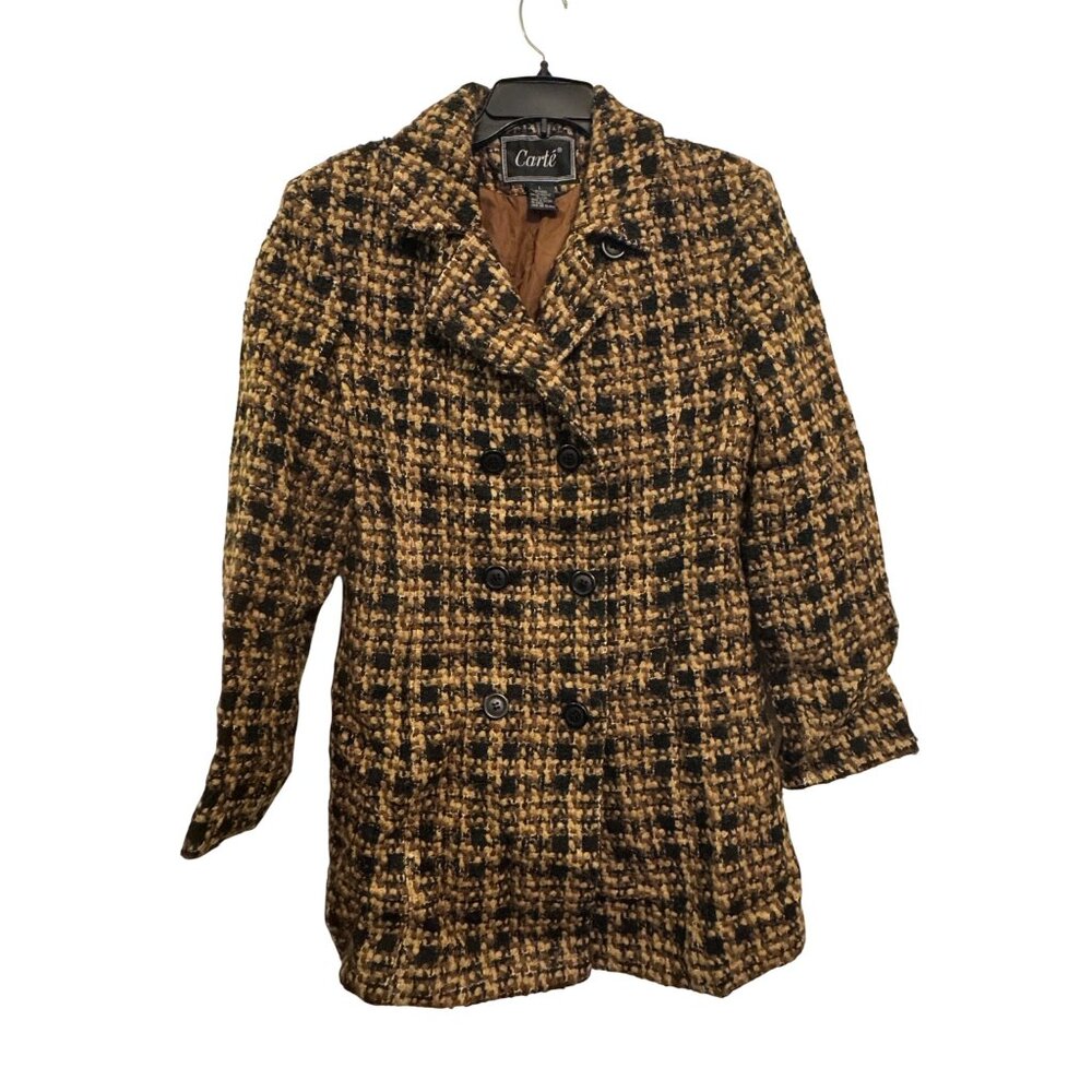 Vintage Carte Womens Tweed Double-Breasted Coat L Wool Blend Black/Tan